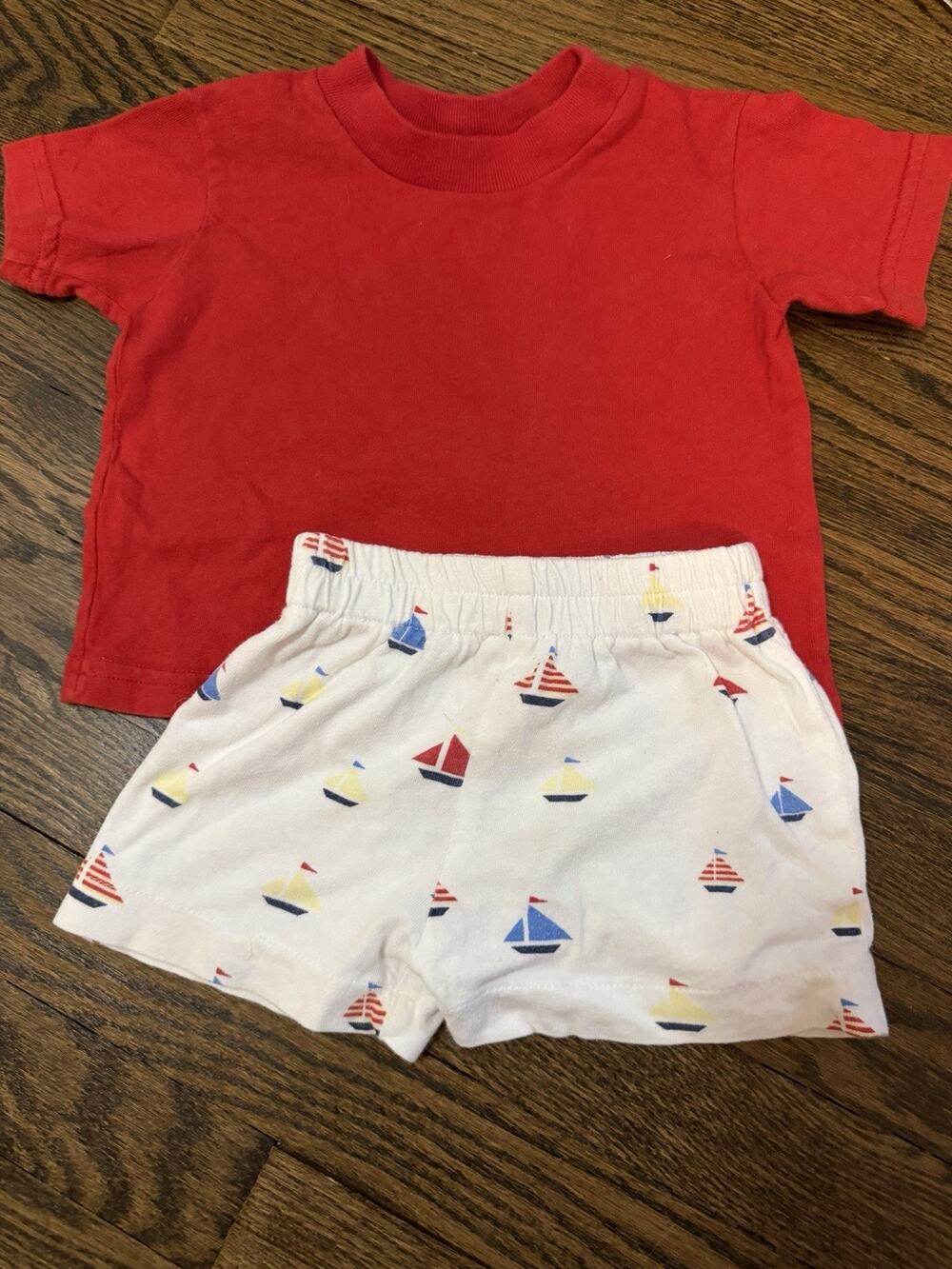 funtasia too Boys Red Tshirt Nautical White Cotton Pull On Shorts 18 Months